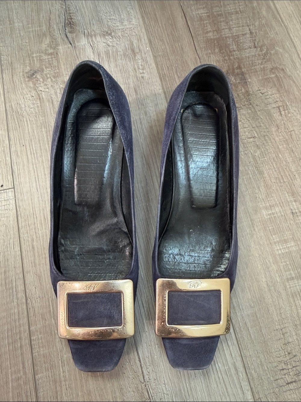 Women's Navy Suede Square-Toe Pumps with Gold Buckle